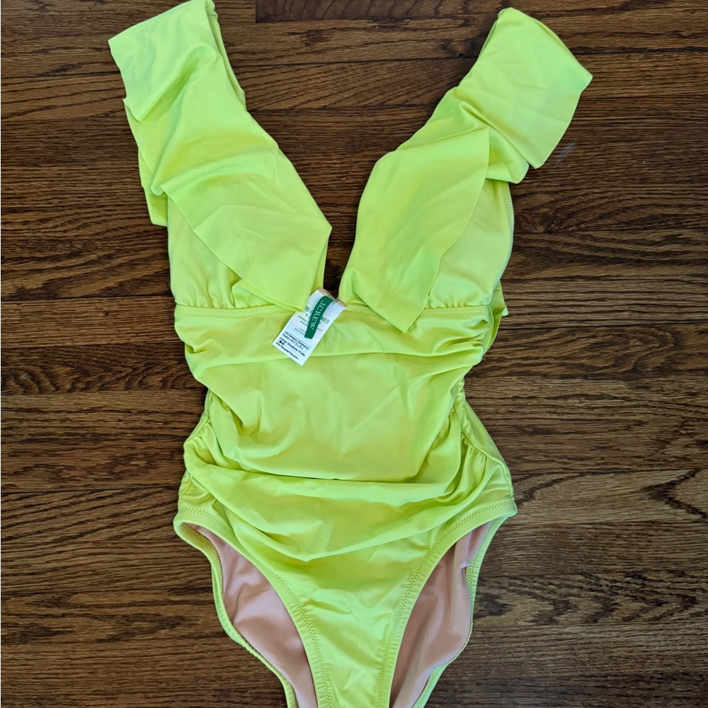 J. Crew Neon Lime Ruffle One-Piece Swimsuit with V-Neck